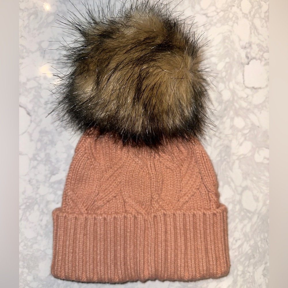 The North Face Pink Clay Knit Beanie with Faux Fur Pom - Picture 2 of 2